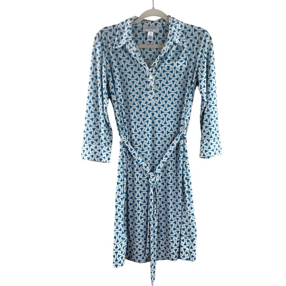 Donna Morgan Cream and Blue Geometric Midi Shirt Dress Sz 6 - Picture 1 of 13